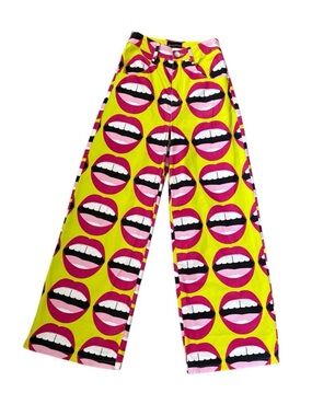 Hayley Elsassaer Bright Yellow Wide-Leg Pants with Pink Mouth Print